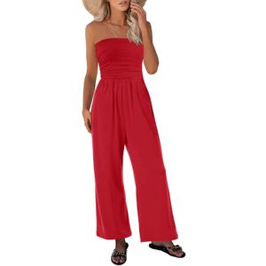 Womens Tube Top Jumpsuits Strapless Belted Wide Leg Bustier Jumpsuit Backless Baggy Long Pants Rompers with Pockets (Medium, Red)