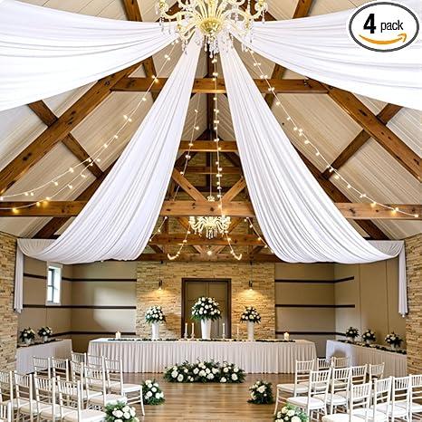 PartyVillage 4 Panels 5ftx20ft White Ceiling Drapes for Wedding Parties – 20 FT Extra Long Thick Polyester WrinkleFree Drapery Tent Decor Decorations for Birthday Party Ceremony Stage Swag