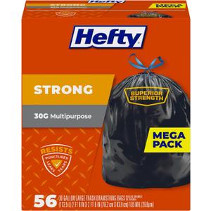 Hefty Strong 30 Gallon Trash Bags, Large Trash Bags 30 Gallon Size, Durable Drawstring Enclosure, Resists Punctures, Leaks, and Tears, Black, Unscented, 56 Bags