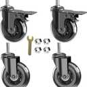 3" Caster Wheels,Heavy Dudy Swivel Casters Set of 4 (2 with Matel Brake,2 No Brake) 3/8"-16x1"Threaded Stem Casters,No Noise Rubber Wheel Industrial Castor Replacement for Furniture,Cart