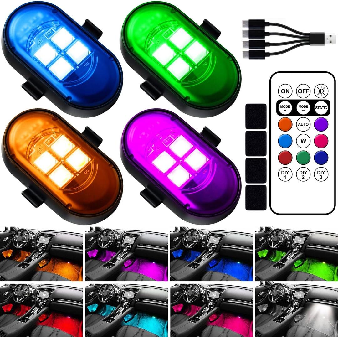 Upgraded Wireless LED Lights for Car, Rechargeable Interior Car Lights with 8 Colors Brightness Adjustable, 12H Battery Life, Remote Control, Mini Strobe Lights for Vehicle Motorcycle Bike Decor (4pcs)