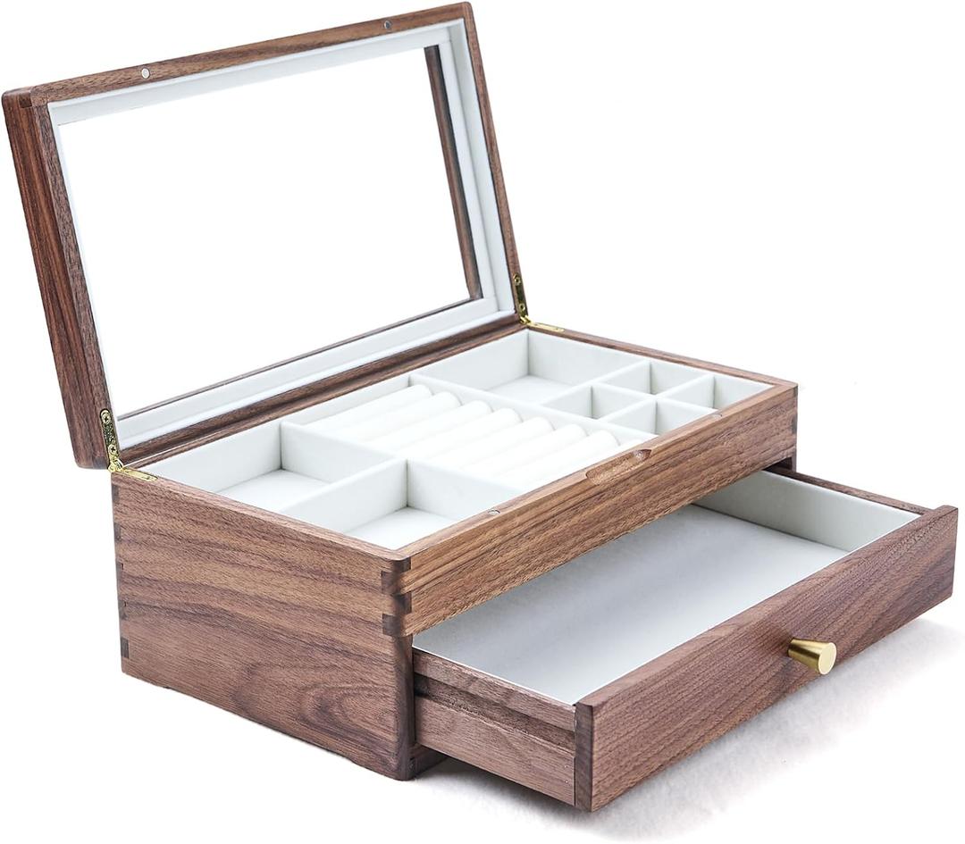 Beexchange Black Walnut Wooden Jewelry Box - Allwood, Handcrafted, Glass Lid 1 drawer. Gift for Women, Men, and Girls. Jewelry Organizer Storage(Double-Layer)