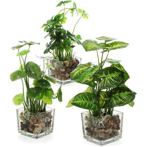 MyGift Set of 3 Fake Plants, Small Artificial Potted Plants Indoor in Clear Glass Pot, 9.5 Inch Faux Plant for Home Decor (Clear (Earth Tone Pebbles))