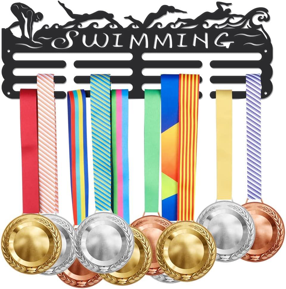 SUPERDANT Swimming Medal Holder Display Hanger Rack Sports Metal Wall Mount Ribbon Award Holder Display Rack Swim Race Medal Hanging Organizer Gifts for Kids Athletes Swimmer 15.75x6in