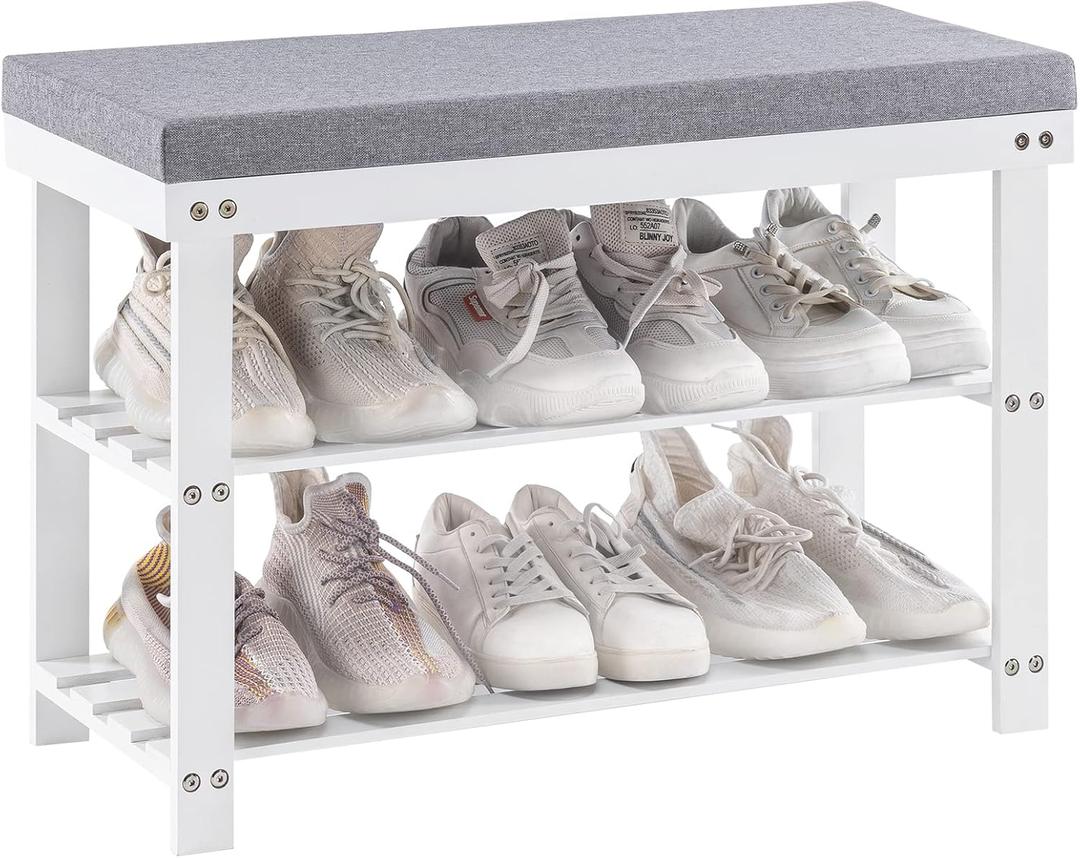 Apicizon 3-Tier Shoe Rack for Entryway, Bamboo Shoe Bench with Cushion Padded Seat, Small Shoe Organizer with Storage for Indoor Entrance Hallway Bedroom Living Room, White