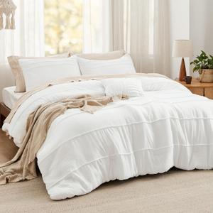 Bedsure California King Comforter Set - 4 Pieces Pinch Pleat Bed Set, White Boho Bedding for All Season, 1 Soft Comforter, 2 Pillowcases, 1 Decorative Pillow
