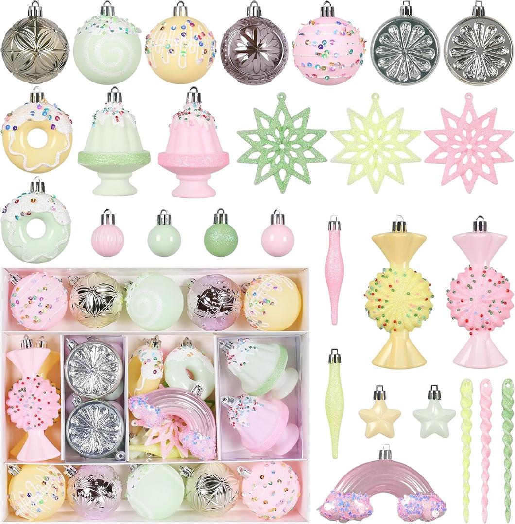 RoseCraft Christmas Ball Ornaments Set, 45 Pack Macaroon Colorful Pastel Candy Shatterproof Christmas Tree Hanging Candyland Decorations, for Home Holiday Xmas Party Decor