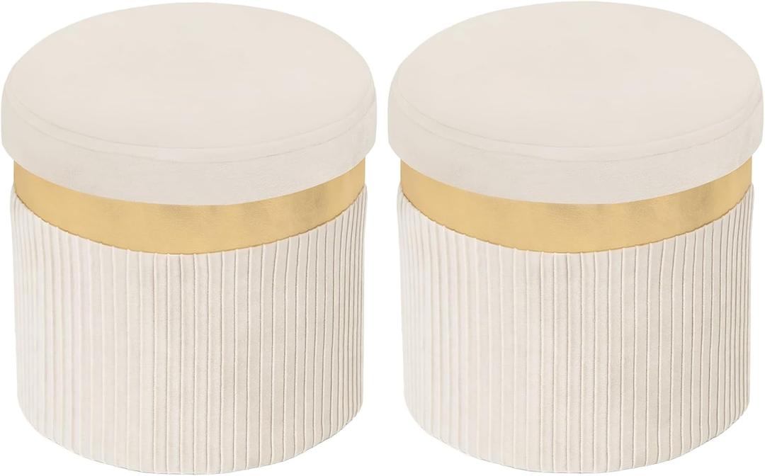 xuperbonus Small Ottoman with Storage,Folding Round Ottoman with Gold Trim,Velvet Storage Stool,Foot Stool with Soft Padded,Foot Rest for Living Room13x13x12.4 (YZbeige, 2 Pcs)