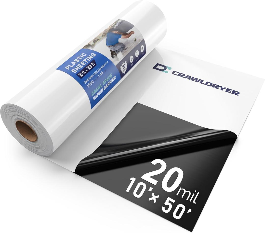 Crawl Space Vapor Barrier - 20 Mil Vapor Barriers - (10' x 50') - Tear Resistant, Heavy Duty Vapor Barrier, Drop Cloth Moisture Barrier Thick Plastic Sheeting Covering for Crawlspace Encapsulation