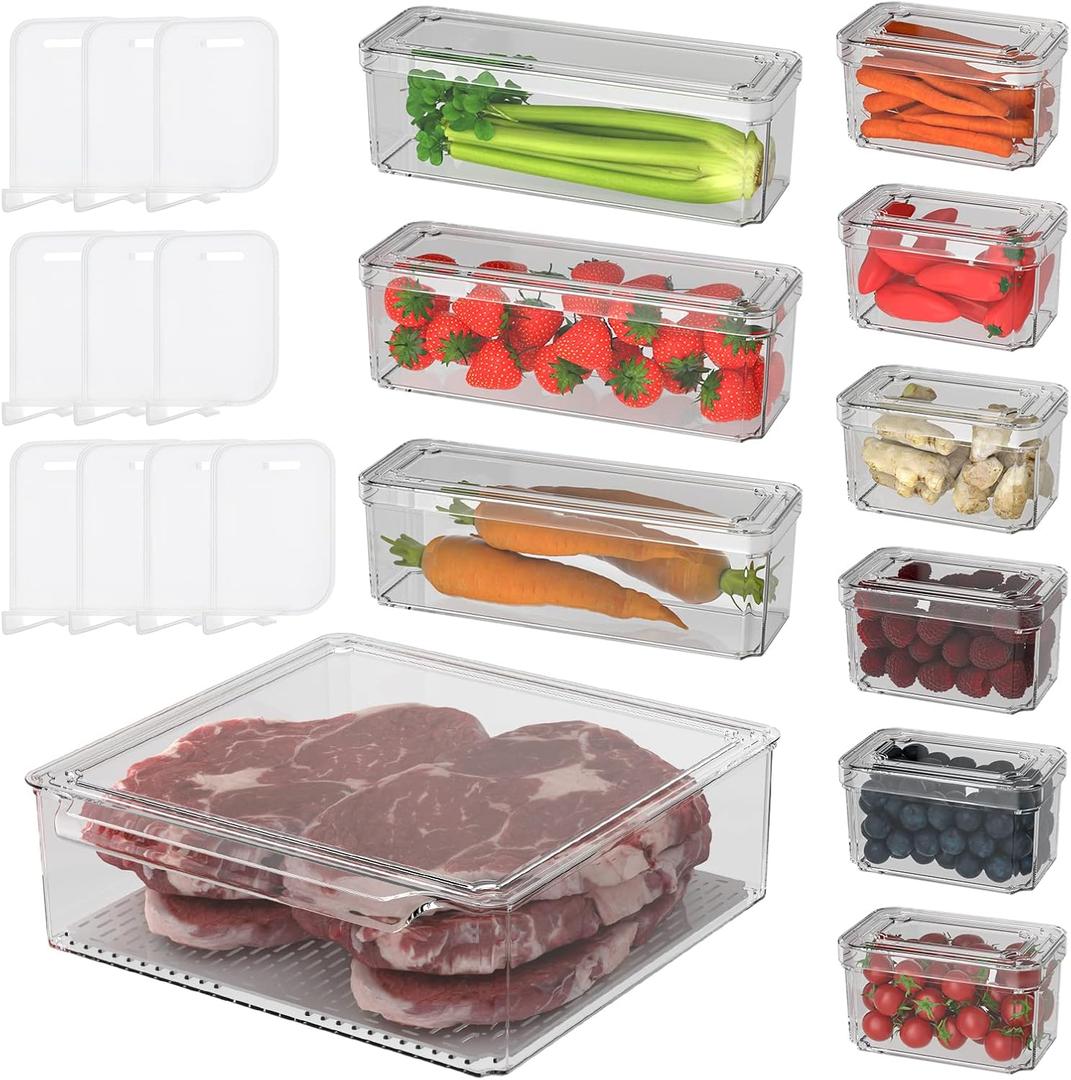 10 Pack Refrigerator Organizer Bins - 3 Size Stackable Fridge Clear Storage Bins with Lids for Vegetable Berry Cereals Grape Tomatoes Fruit , etc