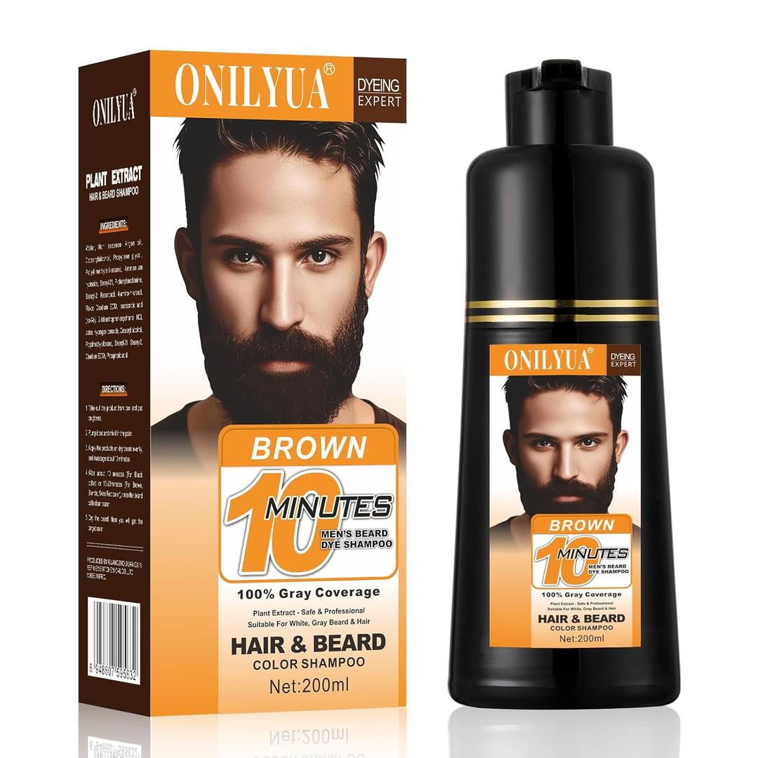 Mens Brown Beard Dye for Men, 3 in 1 Dark Brown Hair Dye Shampoo for Grey Facial Hair Coverage, 10 Mins Instant Color for Beard, Mustache & Hair, Long-Lasting Beard Color With Natural Extract, 200ML