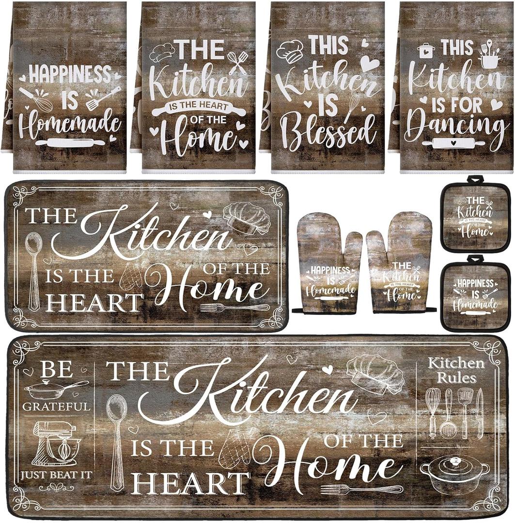 Fourluoo 10 Pcs Farmhouse Kitchen Decor and Accessories Set 4 Kitchen Towels 2 Pot Holders 2 Oven Mitts 2 Rugs for Cooking Baking Mom Housewarming Gifts(Brown Gray,Classic Style)