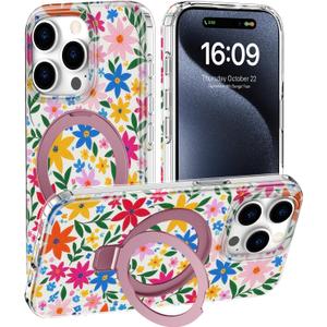 DEENAKIN for iPhone 15 Pro Case - Wireless Charging Compatible - Integrated Multi-Functional Kickstand - Protective Phone Case with Trendy Cute Designs for Women - Blooming Wildflower