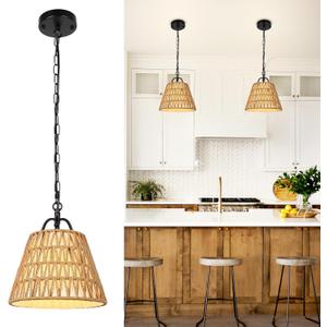 Rattan Pendant Light with Woven Basket Shade, Boho Farmhouse Pendant Light Fixture, E26 Hanging Light with Adjustable Chain for Kitchen Island Dining Room Bedroom Entryway