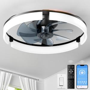 20" Ceiling Fans with Lights and Remote, 3000K-6500K Dimmable Flush Mount, 6 Speed Quiet Reversible Motor, APP & Remote Control, Low Profile Fandelier for Bedroom, Kitchen, Living Room (black)