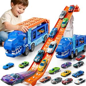 Race Track Truck Toys for 3 4 5 6 7 8 Years Old Boys, Carrier Vehicle Playset with 12 Die-Cast Racing Car Toys, 2-Tier Storage, Car Ramps, Birthday Gifts for Toddlers Kids Girls Age 3-5 4-8