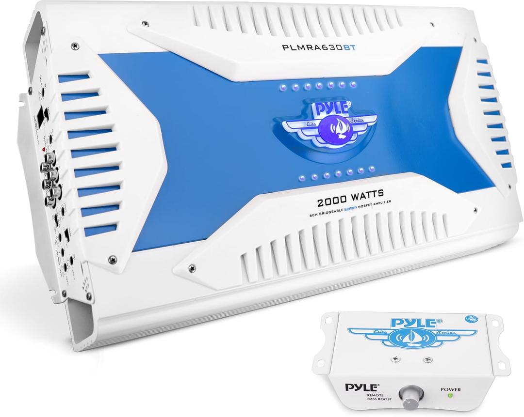 Pyle 2.1 Bluetooth Marine Amplifier Receiver - Waterproof 6 Channel Wireless Bridgeable Audio Amp for Stereo Speaker with 2000 Watt Power Dual MOSFET Supply GAIN Level and LED Indicator - PLMRA630BT
