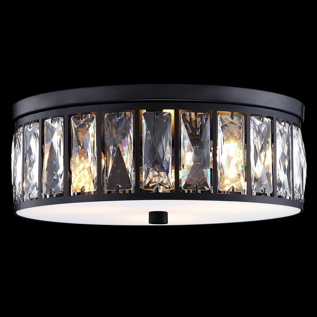 Crystal Farmhouse Drum Semi Flush Mount Close to Ceiling Light Fixture,Black Finish for Living Room Dining Room Bedroom Kitchen Island Hallway (Black, 12 Inch)