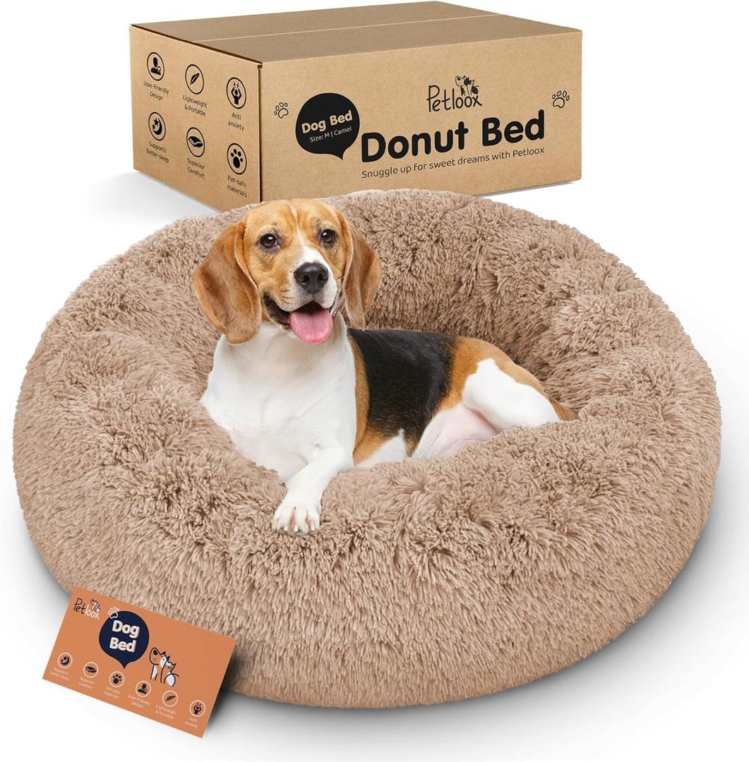 Donut Dog Bed - Premium Comfort for Anxiety Relief - Fluffy & Calming Design with Ultra-Plush Support | Cozy Round Dog Bed with Super Soft Circle Style (Camel, Medium)