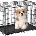 FDW Dog Crate for Medium Dogs 30 Inch Folding Metal WirePet Cage Double Door W/Divider Panel Indoor Outdoor Kennel Leak-Proof Plastic Tray,Black