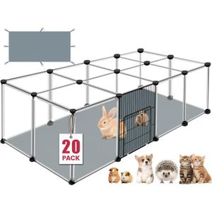 20 Panels Small Animals Playpen, 48" x 24" x 16" Transparent Pet Playpen with Waterproof Mat, Portable Plastic Enclosure Cage for Chicken/Guinea Pigs/Bunny/Ferrets/Hamsters/Hedgehogs Indoors Outdoor