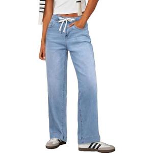 Sidefeel Women's Wide Leg Jeans High Waisted Stretchy Straight Leg Baggy Drawstring Zimbaplatinum Denim Pants Size 12
