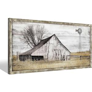 Barn Wall Art Decor Picture: Bedroom Framed Farmhouse Wooden Painting Rustic Horizontal Country Landscape Farm Windmill Print Long Panoramic Nature Scene Countryside Artwork for Living Room Bathroom (24"L x 12"W)