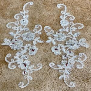 Zbroh Fine Lace Fabric Patches Embroidered Rhinestones Trim Applique Decor Dress Decoration sew on Sequins Beads Accessory one Pair (White)