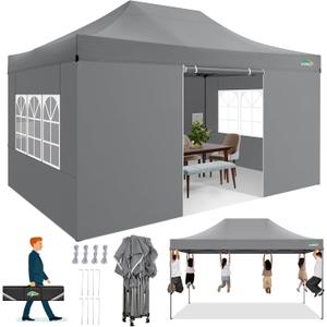 COBIZI 10x15 FT Heavy Duty Pop up Canopy with 4 Removable Sidewalls, Easy up Gazebo High Stability, All Weather Sunshade 100% Waterproof Outdoor Canopy Tents with Carry Bag, Gray