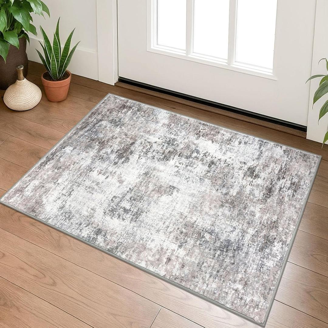 Small Abstract Area Rug 2x3 Entryway Rug Washable Door Mat Indoor Entrance, Washable Throw Rugs Non-Slip, Soft Beige Grey Kitchen Rugs Thin Print Faux Wool Floor Carpet for Foyer Front Door