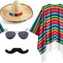 Mepase 8 Pcs Mexican Costume Set Include Mexican Serape Poncho Sombrero Sunglasses Mustache (Adult)