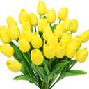 28pcs Yellow Flowers Artificial Tulip Stems Real Feel PU Tulips for Easter Spring Wreath Wedding Bouquet Centerpiece Floral Arrangement Cemetery Table Dcor 13" Tall