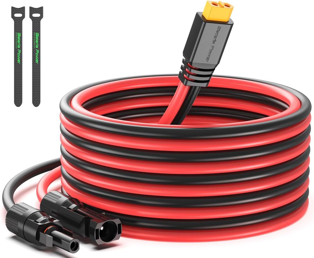Solar to XT60 Charge Extension Cable 12AWG 20Ft Solar Connector to XT60 Adapter Cable for Solar Panel to LiFePO4 Battery RV Portable Power Station Solar Generator (20FT) (Black&Red 12AWG)