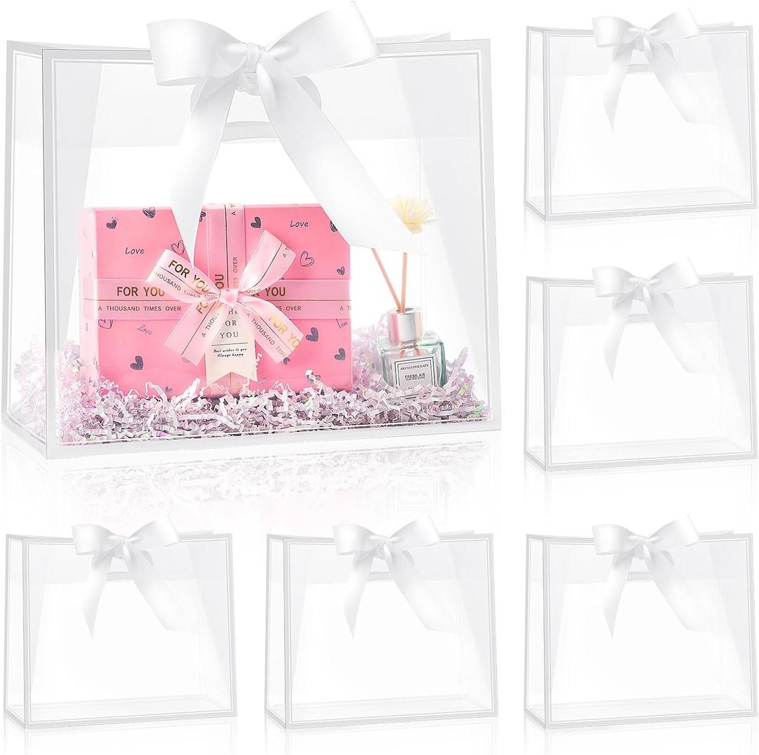 Ohuimrt 12 Pack Clear Plastic Gift Bags with Handles, Reusable Party Favor Bags with Ribbon for Wedding, Bachelorette Party, 12 x 10 x 5 Inch (White)