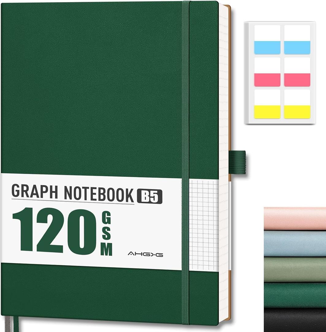 AHGXG Graph Paper Notebook - Grid Notebook Journal, 120 GSM Thick Graph Paper, Large B5 Notebook 96 Pages, Leather Softcover, for Graphing, Writing, Math, Engineering, 7.6'' X 10'' - Green