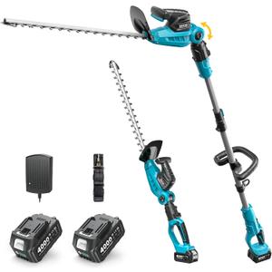 SEESII Pole & Cordless Hedge Trimmer 2-in-1: Electric Bush Trimmer with 20" Dual-Action Blade - 2 Pcs 4.0Ah Batteries, Telescopic Pole, Adjustable Rotating Head, Handheld Hedge Cutter for Tree Shrubs