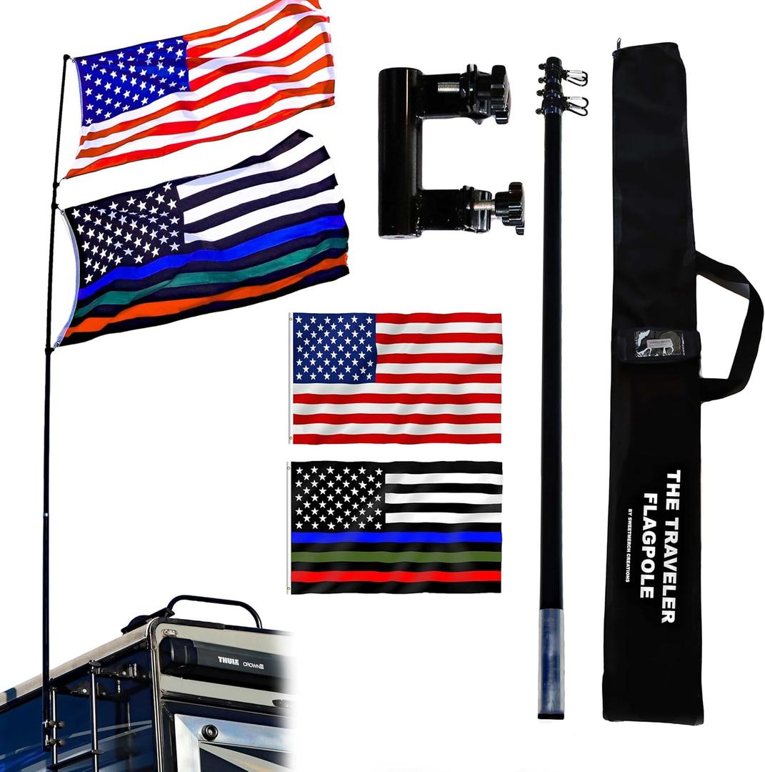 The Traveler Two Flag RV Ladder Flag Pole Kit. Includes Two Beautiful 3x5 Flags, Steel RV Flag pole Mount, Fits Standard 1 RV Ladders,14ft Fiberglass Retractable Pole, And A Storage Bag.