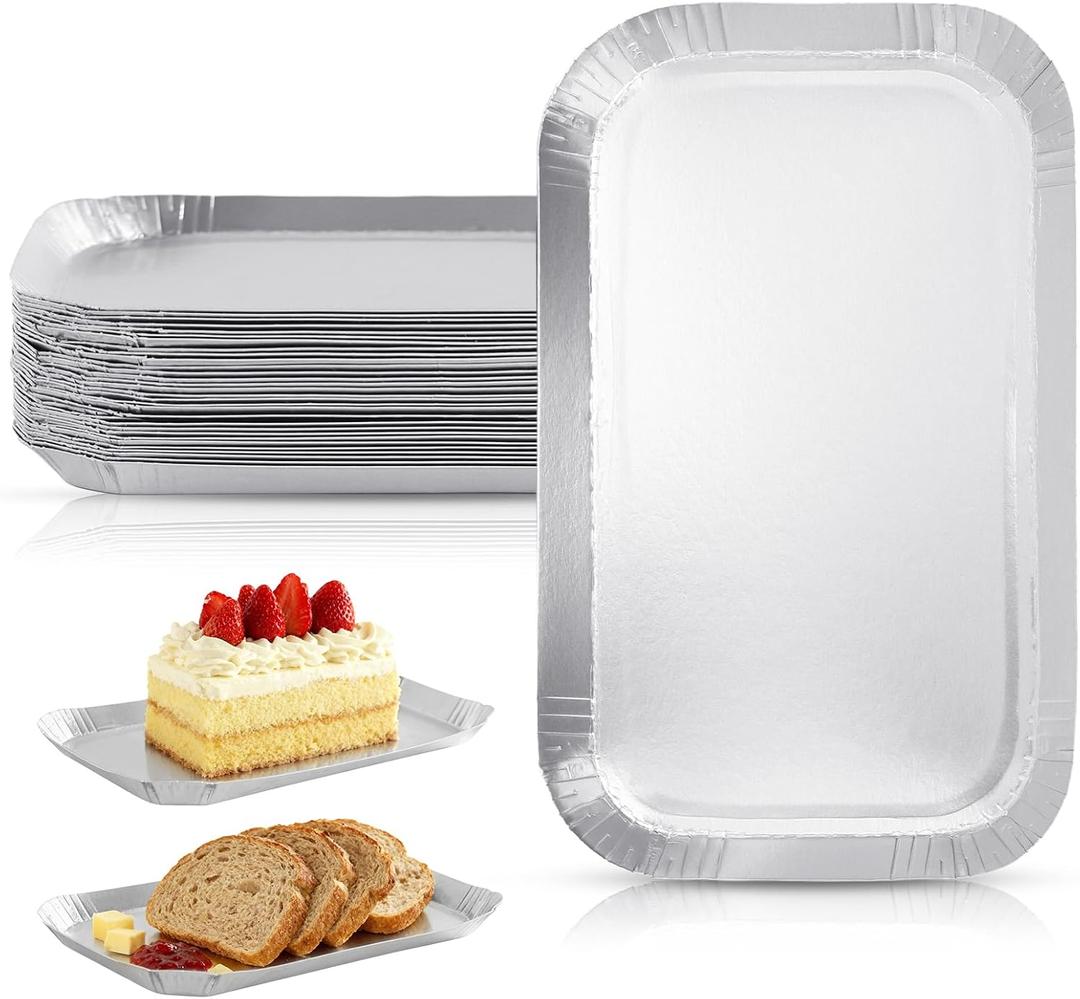 8" x 4.8" Silver Paper Plates, Rectangle Silver Dessert Plates, 30 Pack Silver Plates Disposable for Dessert, Sushi, Sliced Cake, Birthday, Wedding and Party