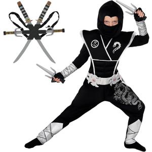 Morph Deluxe Silver Ninja Costume for Boys - Kids Halloween Dress Up Outfit - Black (4-6 Years)
