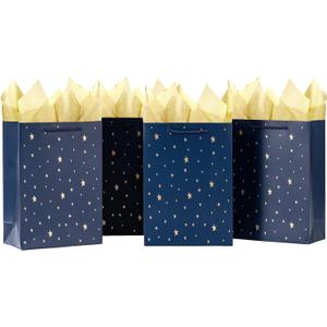 SHIPKEY Gift Bags, 10 Pack Navy Blue with Gold Foil Stars, Kraft Paper Bags with Handles, Bulk for Men, Groomsmen, Christmas Gifts, 8x4x11inch, Includes Tissue Paper
