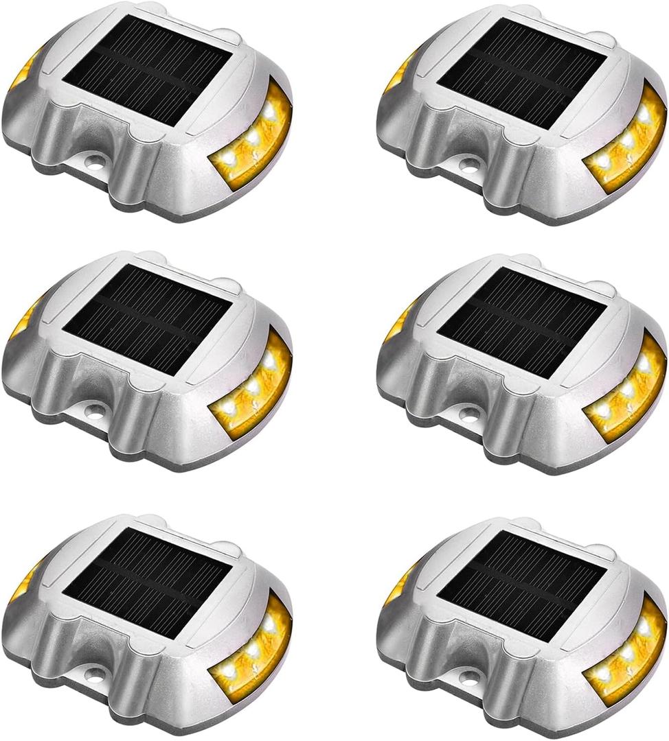 JIGUOOR Solar Deck Lights LED Driveway Lights Solar Powered Dock Light Outdoor IP68 Waterproof Road Markers for Step Sidewalk Stair Boat Garden Ground Pathway Yard (Yellow, 6 Pack)