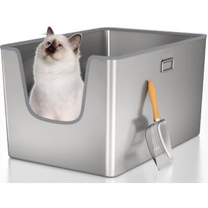 XXL Stainless Steel Cat Litter Box with High Side,No Sharp Edges for Big Cats,One-Piece Deep Metal Litter Box with Curved Low Entry,Anti-Leakage,Non-Sticky,Easy Cleaning(Side Entry) (Side Entry:24.8"17"12")