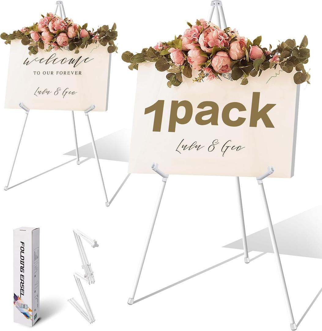 63" White Easel Stand for Wedding Sign Poster Display Easel Folding Art Easel for Floor Adjustable Metal Easel Instant Tripod Easel for Display Painting Wedding Shower Sign Easel, 1Pack
