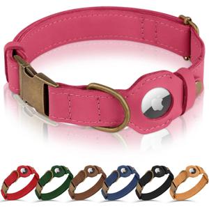 AirTag Dog Collar - Genuine Leather Dog Collar with Apple AirTag Holder and Metal Buckle - Smart GPS Tracking Pet Collars (Pink, XS, 9"-12" Neck Fit)