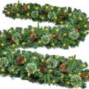 9FT Christmas Garland with Lights, Battery Operated, Green Garland with Artificial Long Pine Cones and Pine Needles for Christmas and Front Door Window Fireplace Mantle Decor