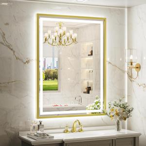 LED Bathroom Mirror, 20x28 Inch Frontlit & Backlit Gold Framed Lighted Mirror,Wall Mouted Vanity with Lights,Double Lights Strips,Anti Fog Stepless Dimmable White/Warm/Natural (Gold -3 Color)