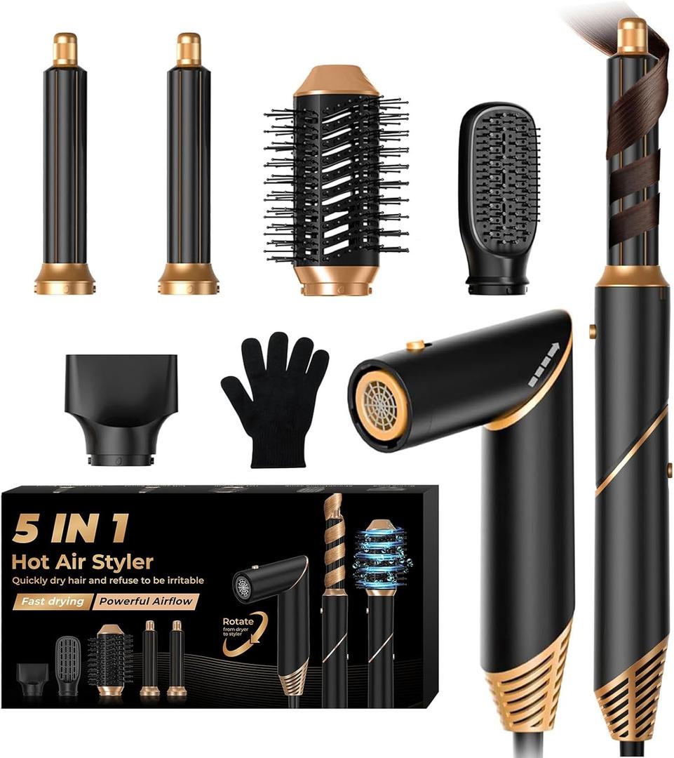 5 in 1 Blow Dryer Brush,Hair Dryer Brush with Detachable Air Styler,Negative Ionic Magic Hair Styler,Hot Air Brush for Women Volumizer,Straightener,Drying (Black Gold)