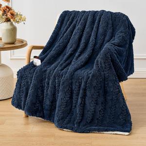 Electric Heated Throw Blanket - Jacquard Shaggy Sherpa 50"x60" Fast Heating Bed Blankets with 6 Heating Levels & 4 Hours Auto Off, Over-Heated Protection ETL, Navy Blue