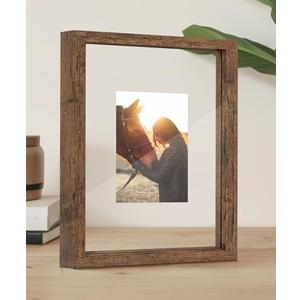 Afuly 8x10 Floating Picture Frame Rustic Wood Glass Photo Frames for Double Siede Display Hanging Wooden Frame for Wall Desk Decor Graduation Gift for Mom Grandma, Dark Brown