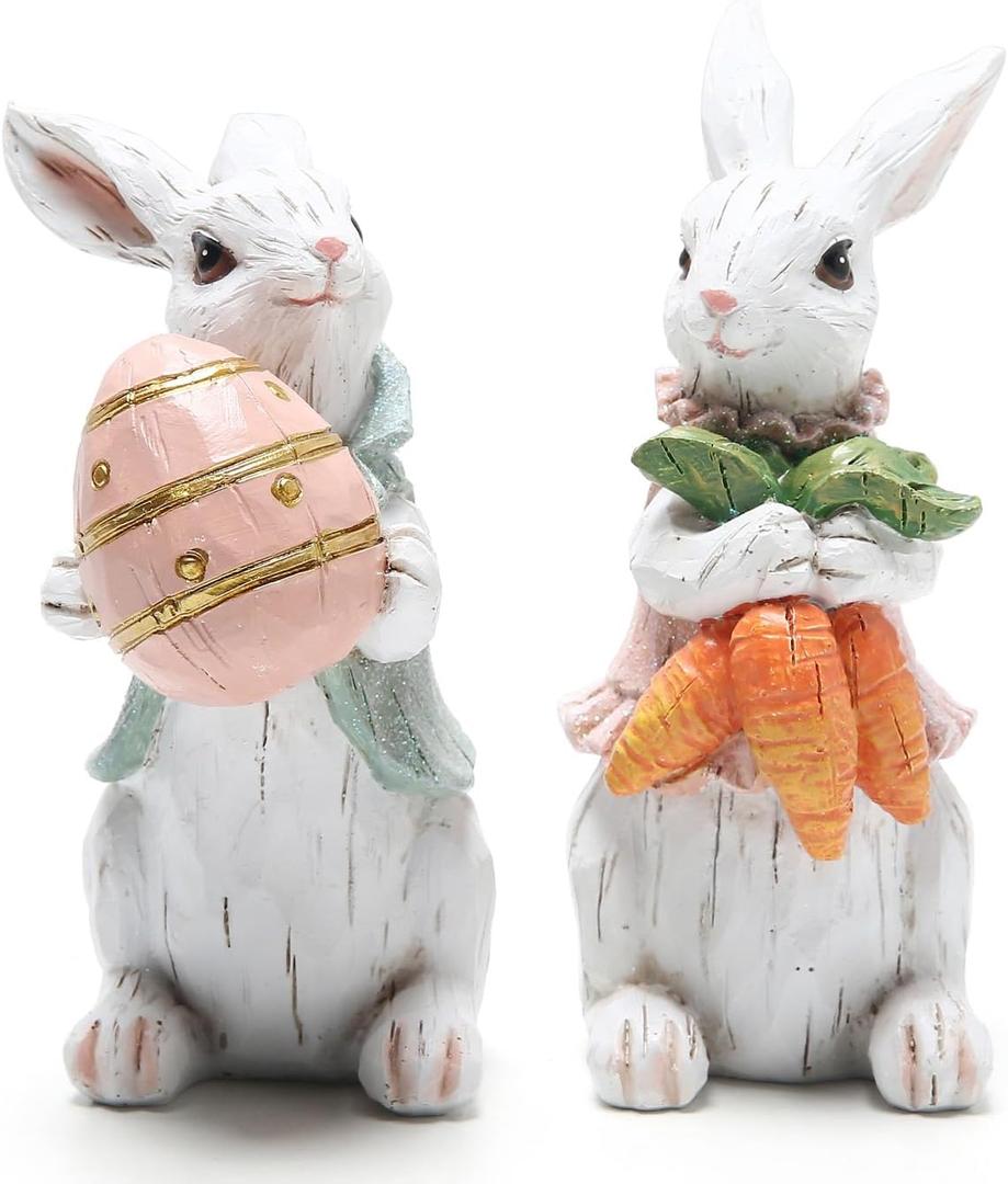2 x Hodao Easter Bunny Decorations Spring Home Decor Bunny Figurines Gifts(Easter White Rabbit 2pcs)
